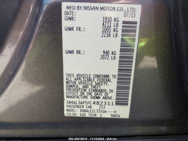 Nissan Altima 2.5 S 2015 1N4AL3AP5FC482311 Image 9