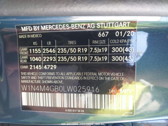 W1N4M4GB0LW025916 Mercedes-Benz GLB 250