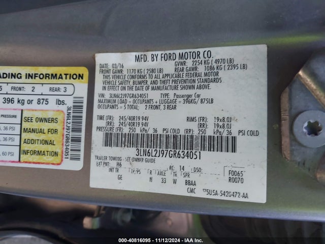 Lincoln MKZ 2016 3LN6L2J97GR634051 Image 9