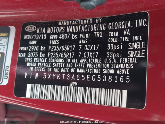 5XYKT3A65EG538165 KIA SORENTO LX