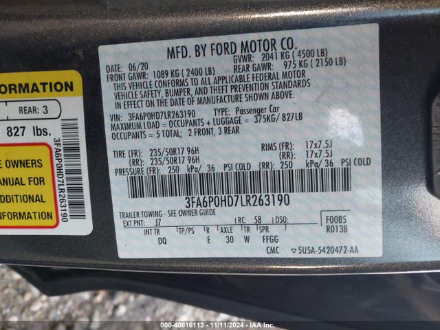 Ford FUSION SE 2020 3FA6P0HD7LR263190 Image 9
