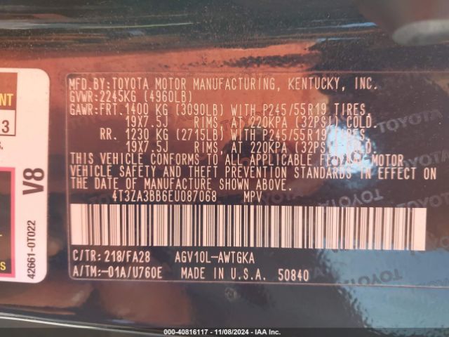 4T3ZA3BB6EU087068 Toyota VENZA LE