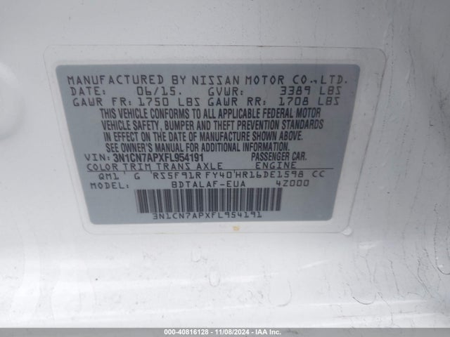 Nissan Versa 1.6 S 2015 3N1CN7APXFL954191 Image 9