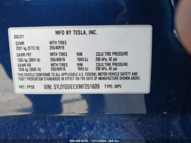 2021 TESLA MODEL Y 5YJYGDEEXMF251609 Photo 8