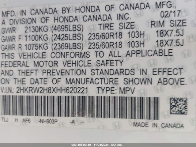 2HKRW2H8XHH620221 Honda Cr-v Ex-l/ex-l Navi