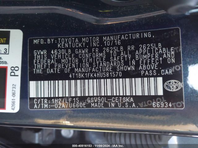 4T1BK1FK4HU581570 Toyota Camry Xse V6