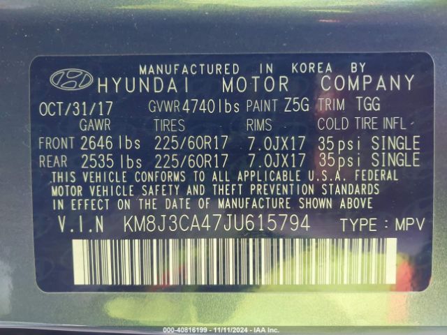 KM8J3CA47JU615794 Hyundai TUCSON SEL