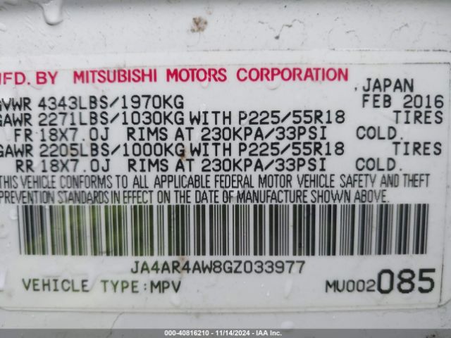 JA4AR4AW8GZ033977 Mitsubishi Outlander Sport 2.4 Sel