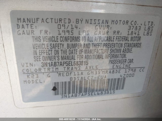 Nissan SENTRA S 2014 3N1AB7AP5EL683815 Image 9