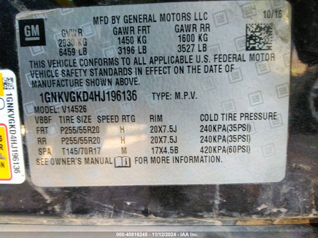 Chevrolet Traverse 1lt 2017 1GNKVGKD4HJ196136 Image 9