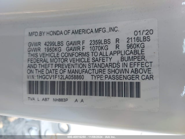 Honda ACCORD LX 2020 1HGCV1F12LA058860 Image 9