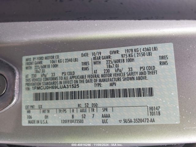 1FMCU0H69LUA31525 Ford ESCAPE SEL