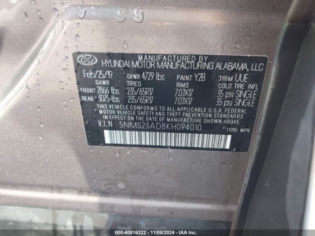 5NMS23AD8KH094010 Hyundai Santa Fe Se