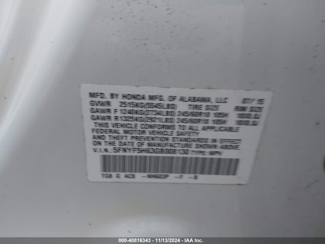 Honda Pilot Ex-l 2016 5FNYF5H63GB008130 Image 9