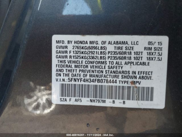 5FNYF4H34FB078444 Honda PILOT SE