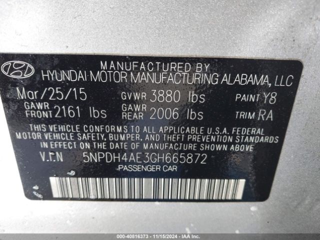 5NPDH4AE3GH665872 Hyundai ELANTRA SE