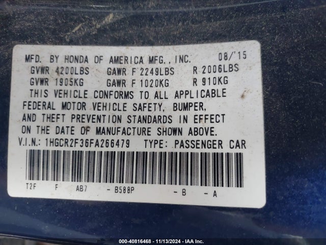 Honda ACCORD LX 2015 1HGCR2F36FA266479 Image 9