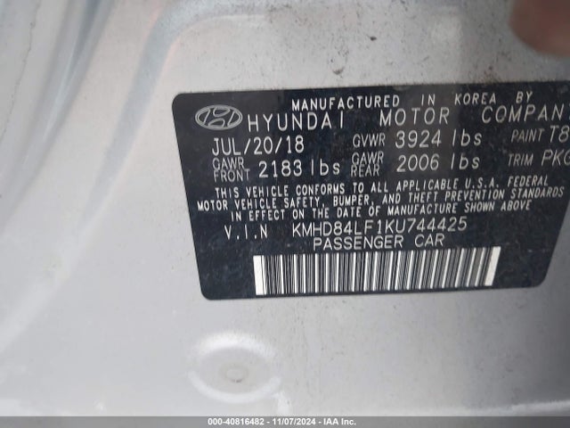 Hyundai ELANTRA SEL 2019 KMHD84LF1KU744425 Image 9