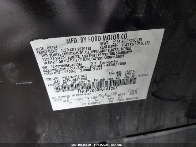 1FAHP2D80EG161267 Ford TAURUS SE