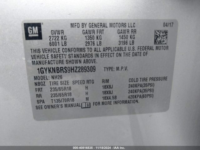 1GYKNBRS9HZ289309 Cadillac XT5 LUXURY