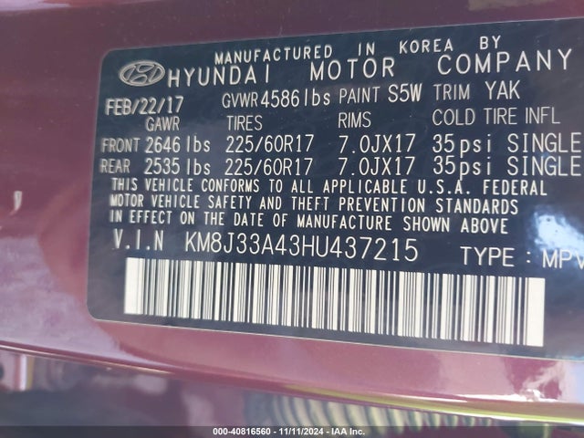 Hyundai TUCSON SE 2017 KM8J33A43HU437215 Image 9