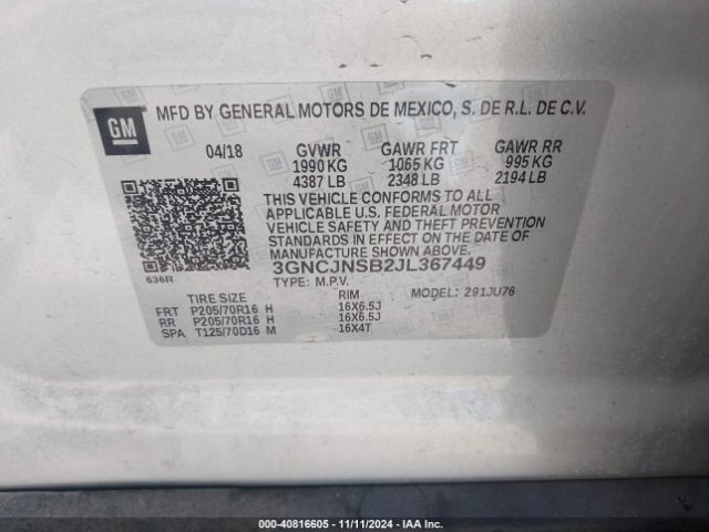 3GNCJNSB2JL367449 Chevrolet TRAX LS