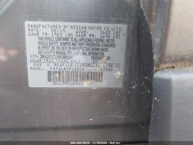 3N1CP5CU4KL501597 Nissan KICKS S