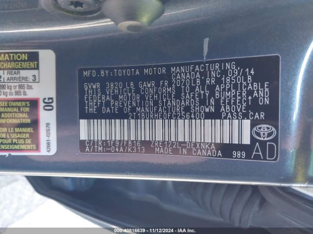 2T1BURHE0FC256400 Toyota COROLLA LE