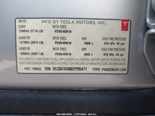 2013 TESLA MODEL S 5YJSA1DN0DFP05471 Photo 8