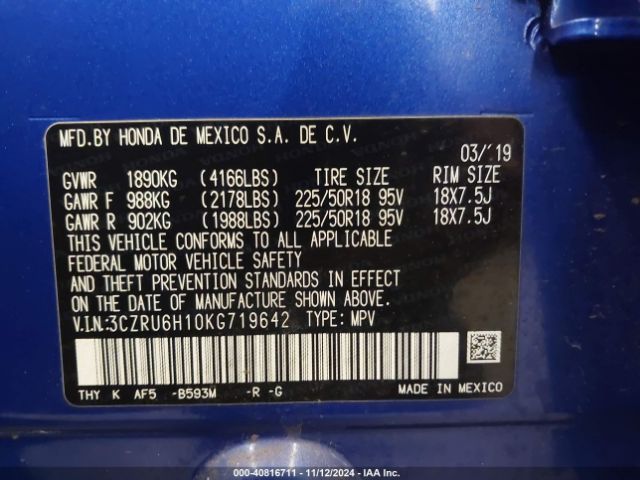 3CZRU6H10KG719642 Honda HR-V SPORT