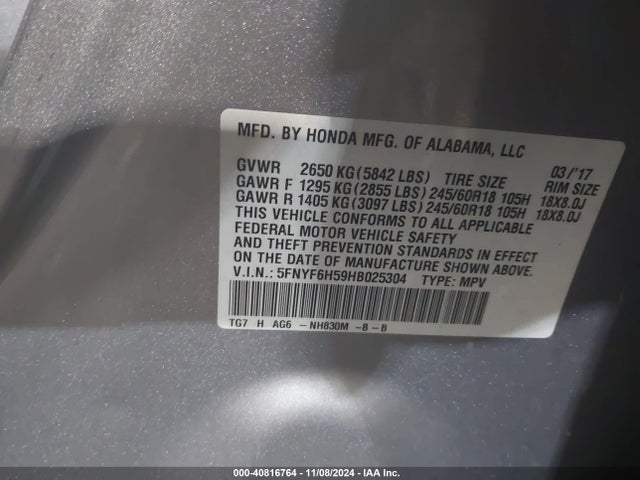 Honda Pilot Ex-l 2017 5FNYF6H59HB025304 Image 9