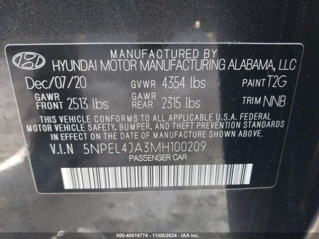 5NPEL4JA3MH100209 Hyundai SONATA SEL