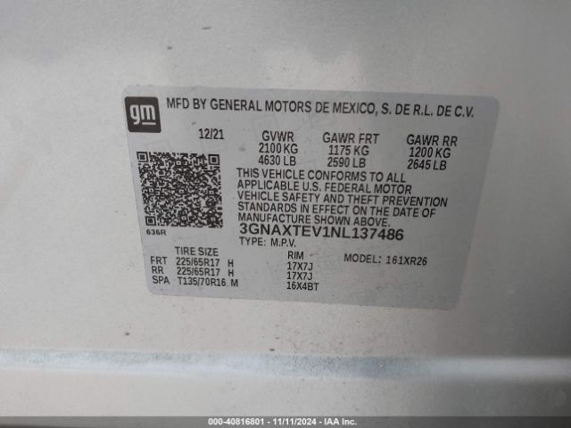 3GNAXTEV1NL137486 Chevrolet Equinox Awd 2fl