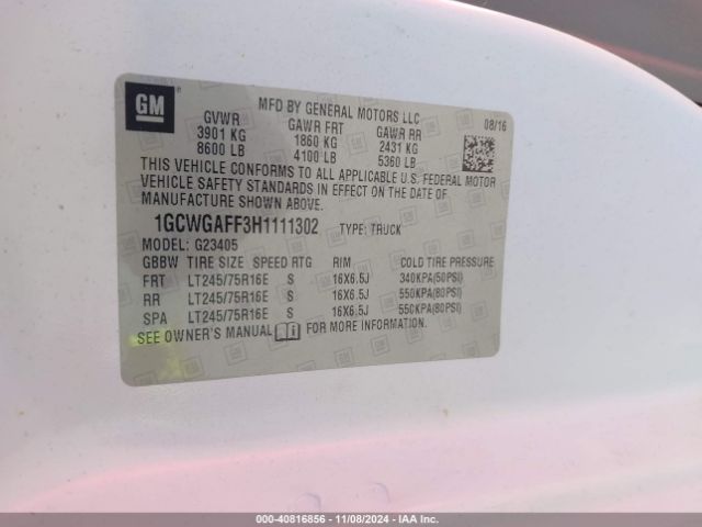 1GCWGAFF3H1111302 Chevrolet Express 2500 Work Van