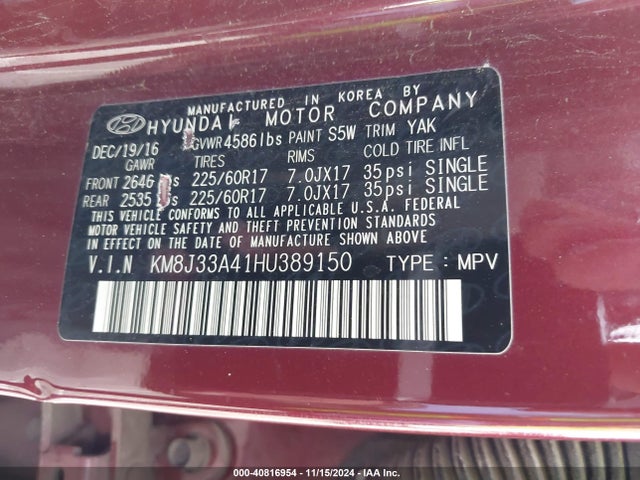 Hyundai TUCSON SE 2017 KM8J33A41HU389150 Image 9