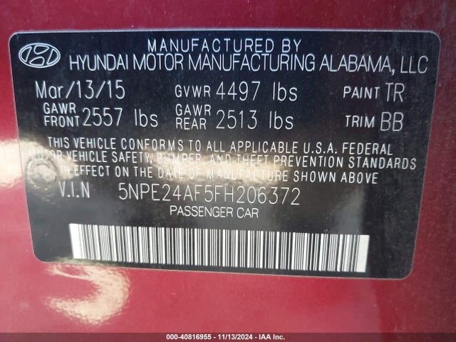 Hyundai SONATA SE 2015 5NPE24AF5FH206372 Image 9