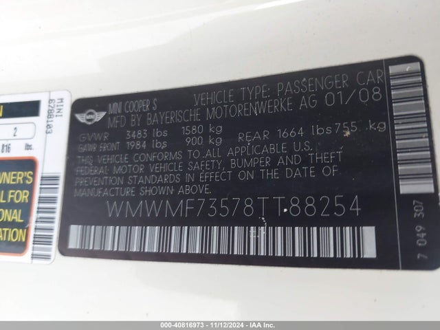 2008 MINI COOPER S WMWMF73578TT88254 Photo 8