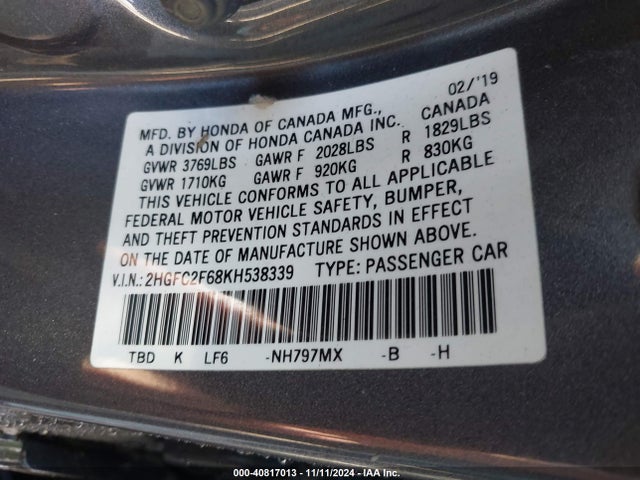 Honda Civic Lx 2019 2HGFC2F68KH538339 Image 9