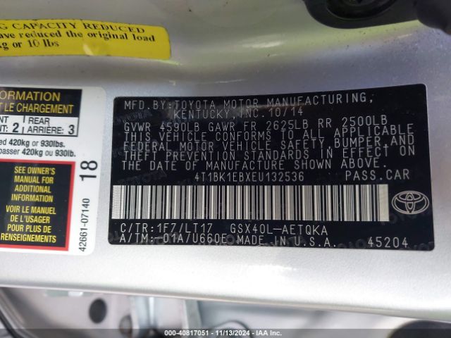 4T1BK1EBXEU132536 Toyota Avalon Xle Touring