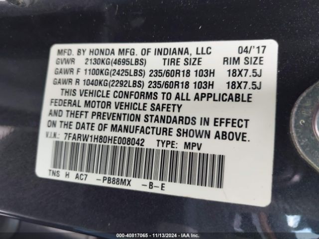 7FARW1H80HE008042 Honda Cr-v Ex-l/ex-l Navi