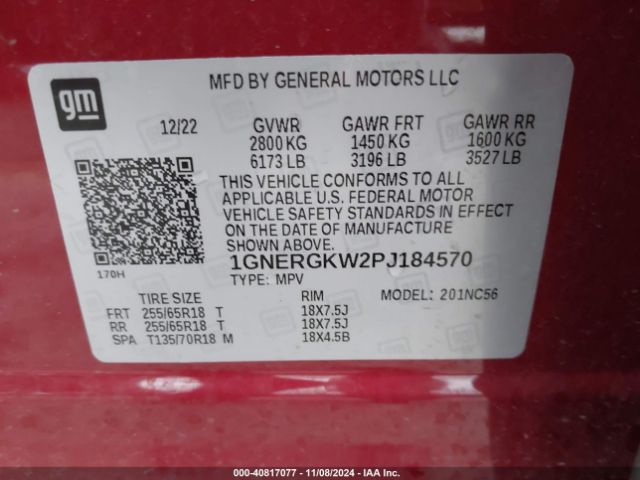 1GNERGKW2PJ184570 Chevrolet Traverse Fwd Lt Cloth