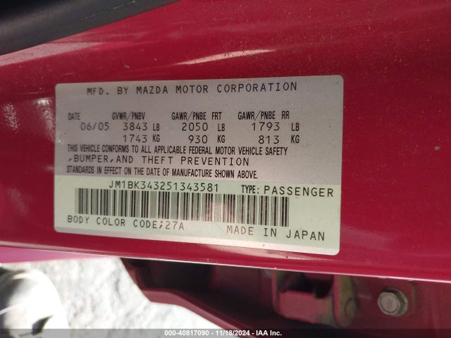 40817090 :رقم المزاد ، JM1BK343251343581 vin ، 2005 Mazda Mazda3 S مزاد بيع