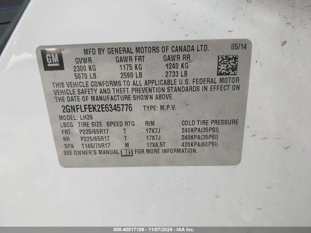 Chevrolet EQUINOX 1LT 2014 2GNFLFEK2E6345776 Image 9