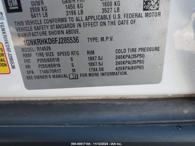 Chevrolet Traverse 2lt 2015 1GNKRHKD6FJ285536 Image 9