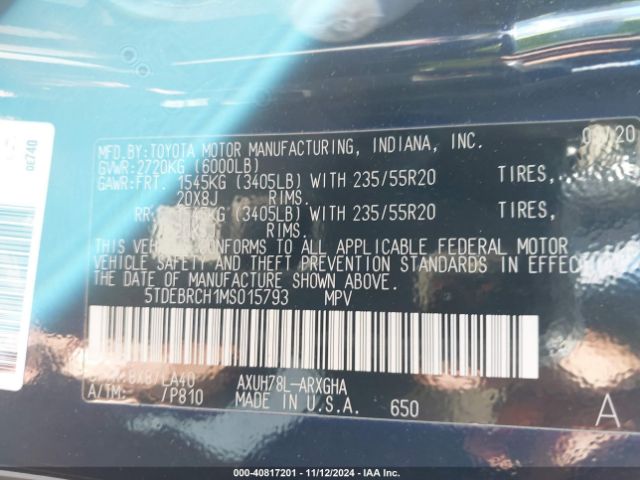 5TDEBRCH1MS015793 Toyota Highlander Hybrid Platinum