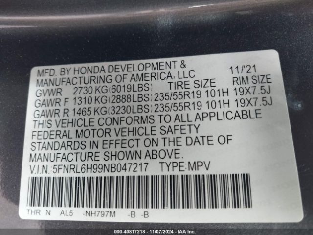 5FNRL6H99NB047217 Honda Odyssey Elite