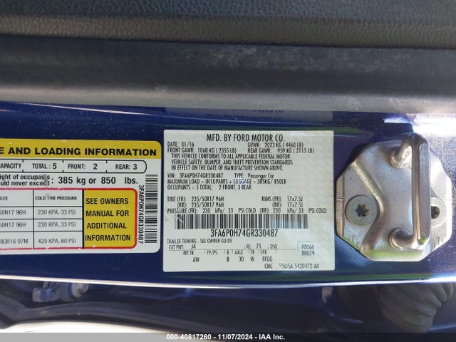 Ford FUSION SE 2016 3FA6P0H74GR330487 Image 9