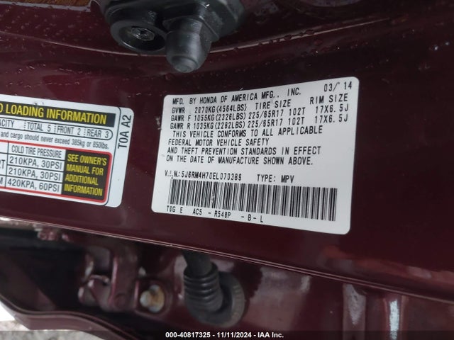 Honda Cr-v Ex-l 2014 5J6RM4H70EL070389 Image 9