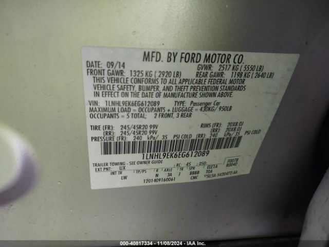 1LNHL9EK6EG612089 Lincoln MKS