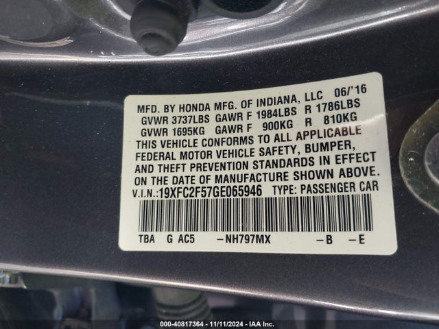 Honda Civic Lx 2016 19XFC2F57GE065946 Image 9